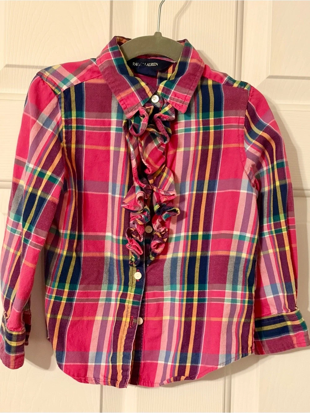 Ralph Lauren Girls' Pink Multi-Color Plaid Ruffle Button-Down Shirt